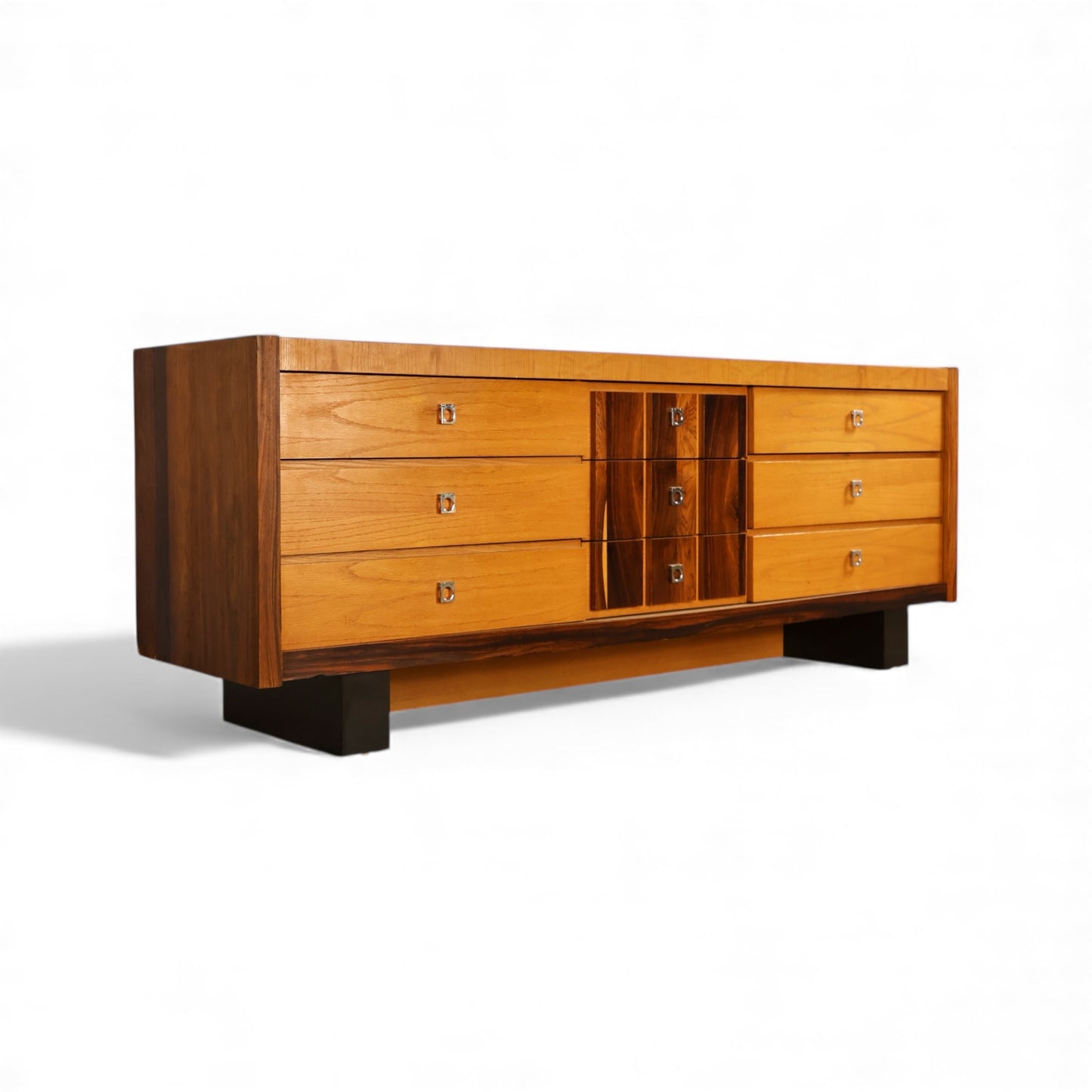 Oak and Rosewood Vintage Brutalist Mid Century Modern 9 Drawer Lowboy Dresser c. 1970s