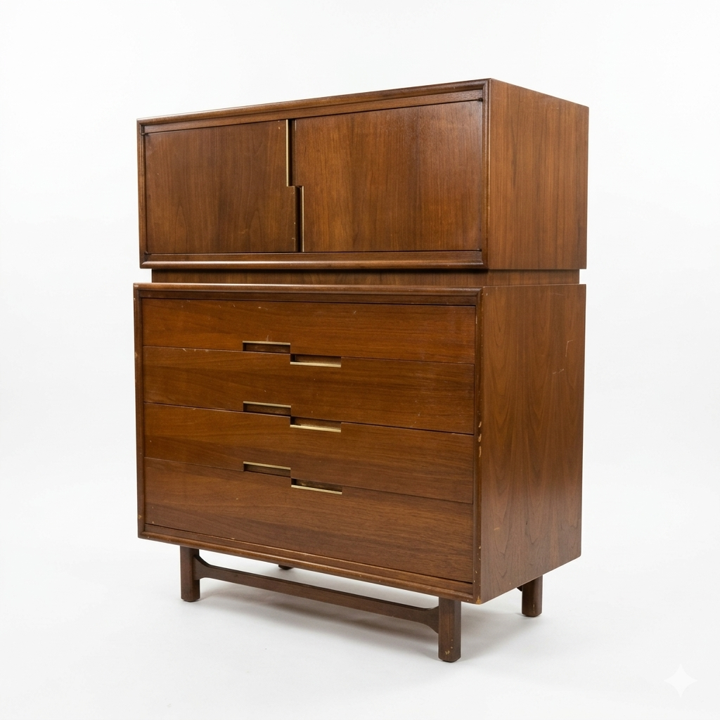 Cavalier Furniture Vintage Mid Century Modern Highboy Brass and Walnut Dresser c. 1960s
