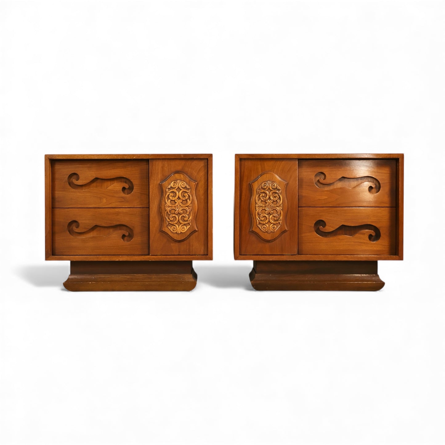Young Manufacturing Vintage Pair of Mid Century Modern Brutalist Spanish Revival Nightstands c. 1960s