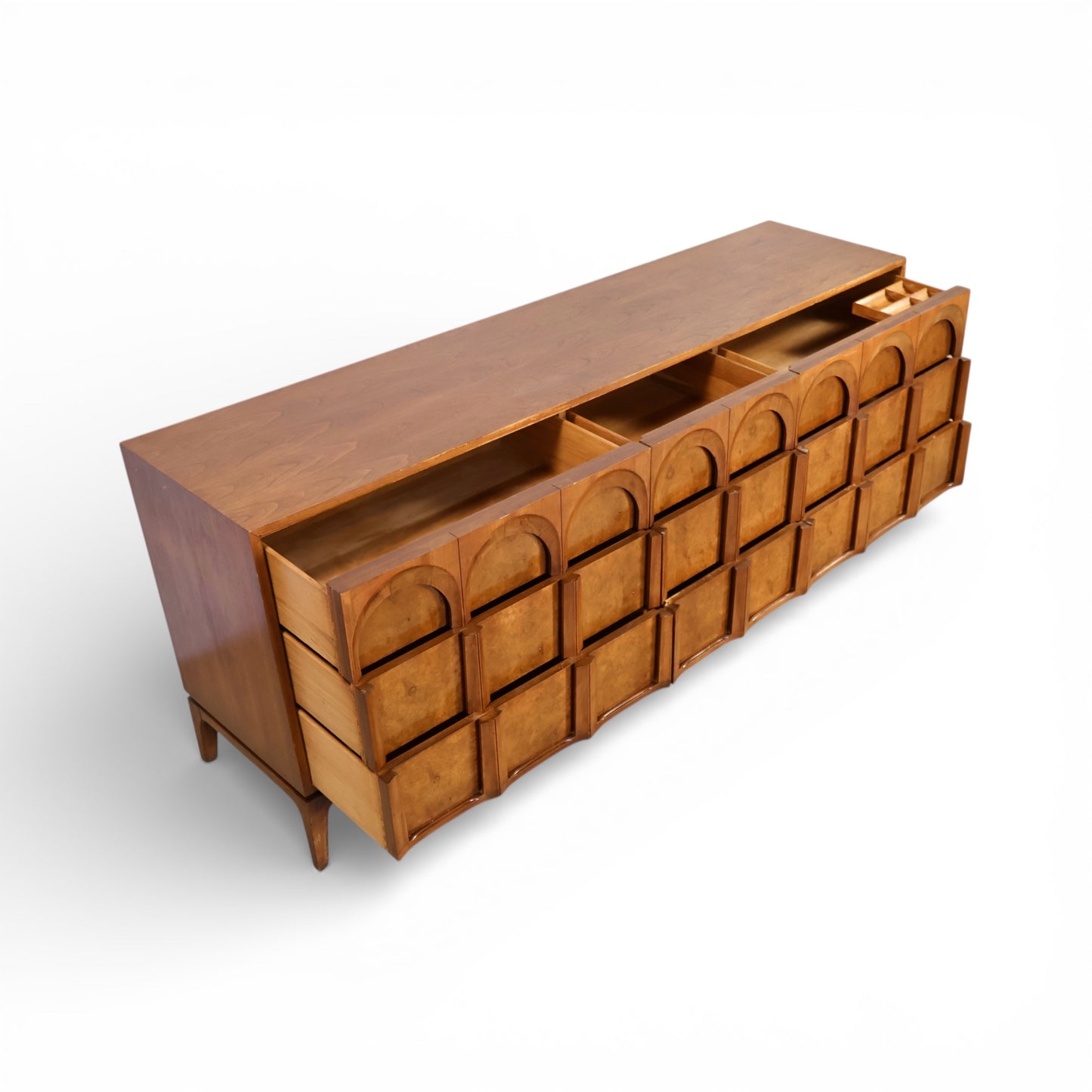 Thomasville Vintage Burlwood Mid Century Modern Sculptural 9 Drawer Lowboy Dresser c. 1960s