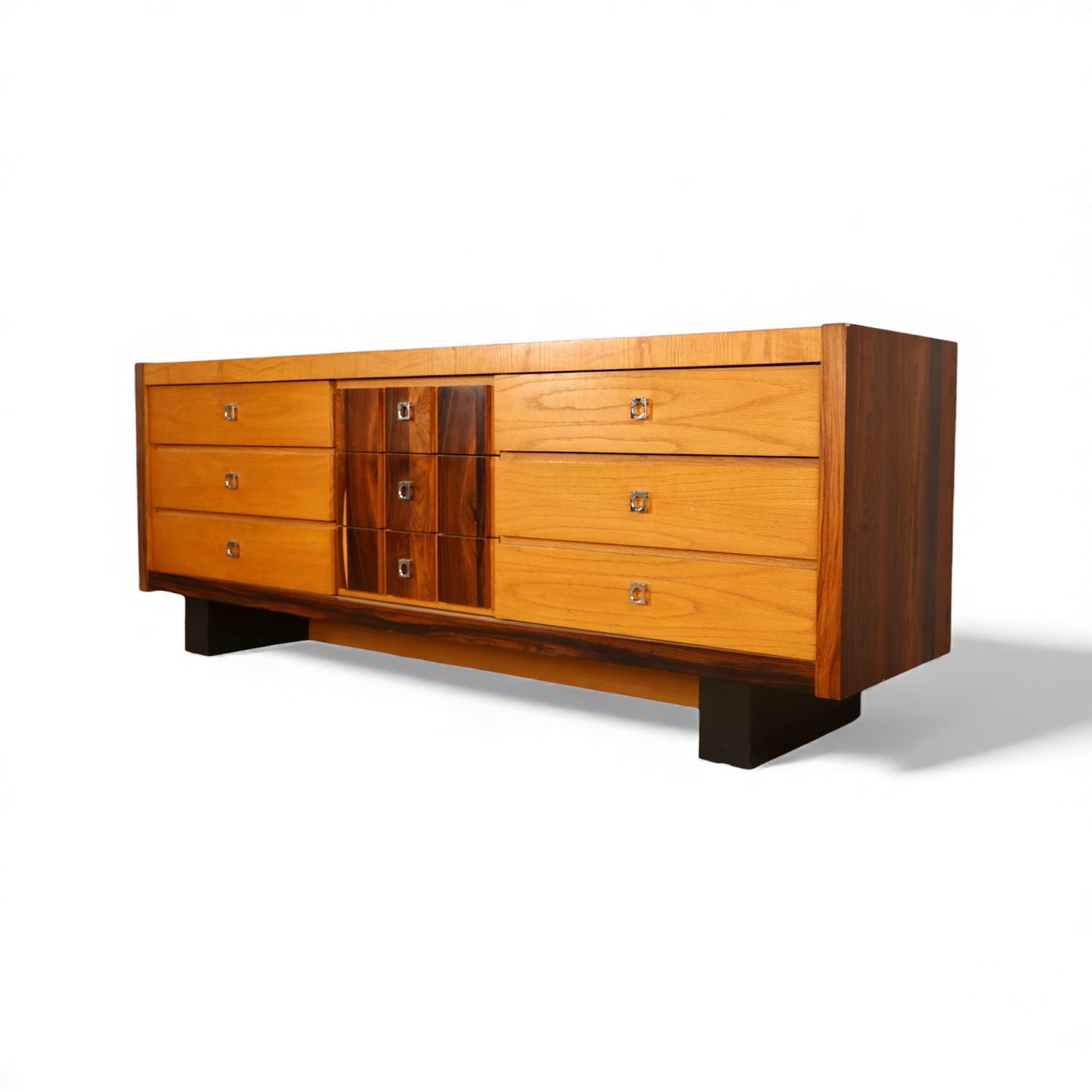 Oak and Rosewood Vintage Brutalist Mid Century Modern 9 Drawer Lowboy Dresser c. 1970s