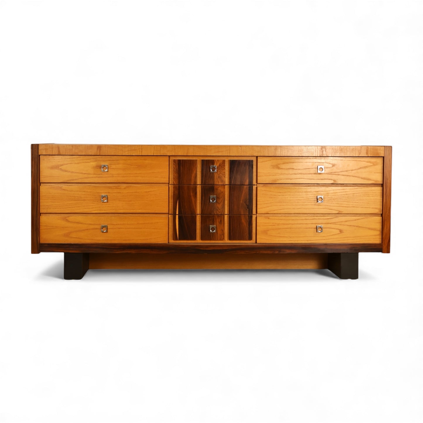 Oak and Rosewood Vintage Brutalist Mid Century Modern 9 Drawer Lowboy Dresser c. 1970s