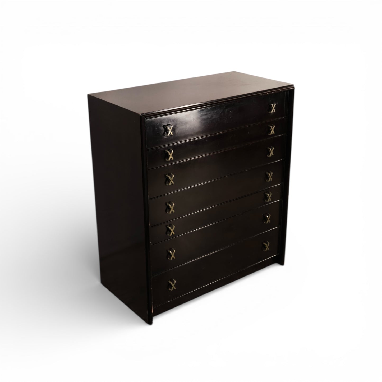 Paul Frankl for Johnson Furniture Black Lacquer Vintage Mid Century Modern Highboy Dresser c. 1960s