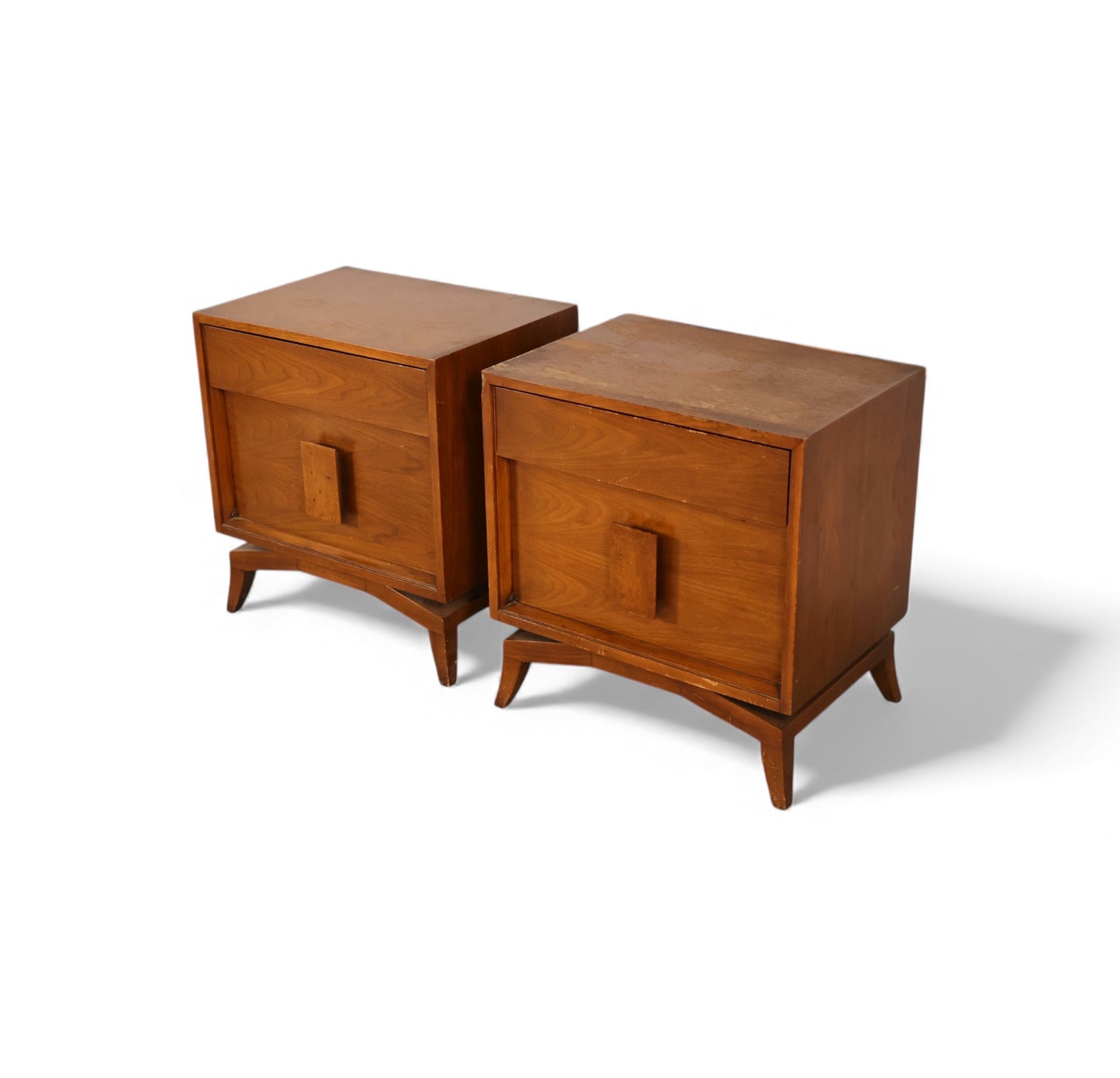 Tomlinson Pair of Vintage Mid Century Modern Burl and Walnut  Nightstands c. 1960s