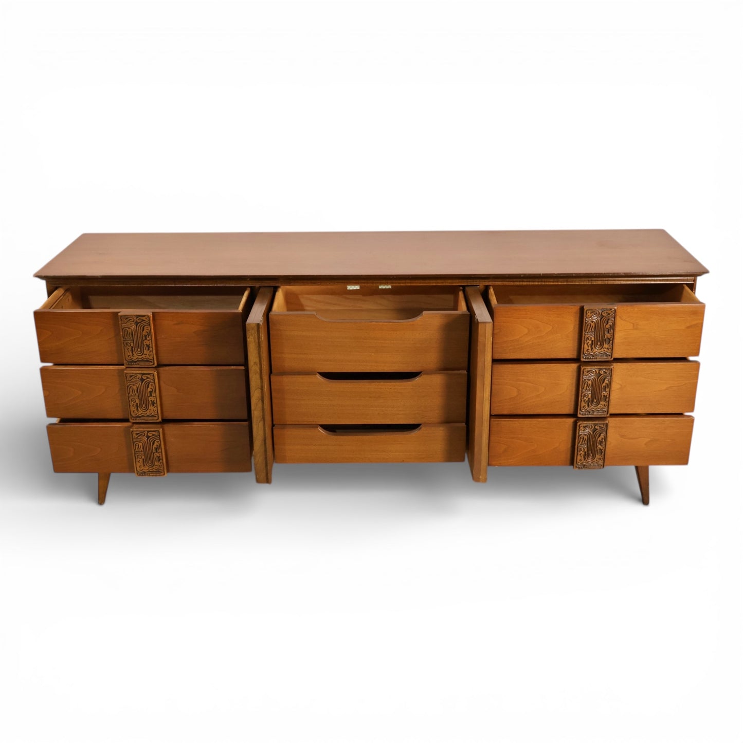 Bassett Mayan Vintage Mid Century Modern Tiki 9 Drawer Lowboy Dresser c. 1960s