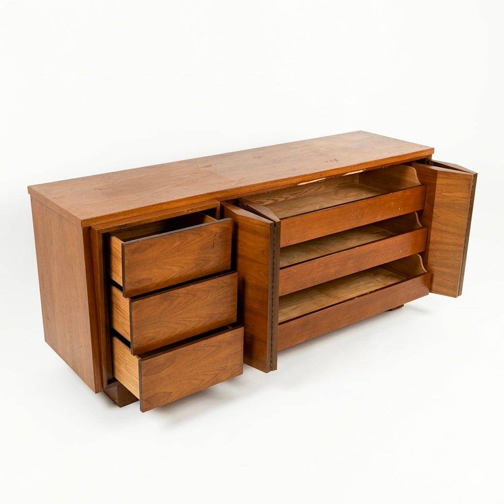 Sculptural atomic style vintage mid-century modern 6-drawer walnut lowboy dresser with all drawers and doors open showing full storage capacity and clean interiors c. 1960s