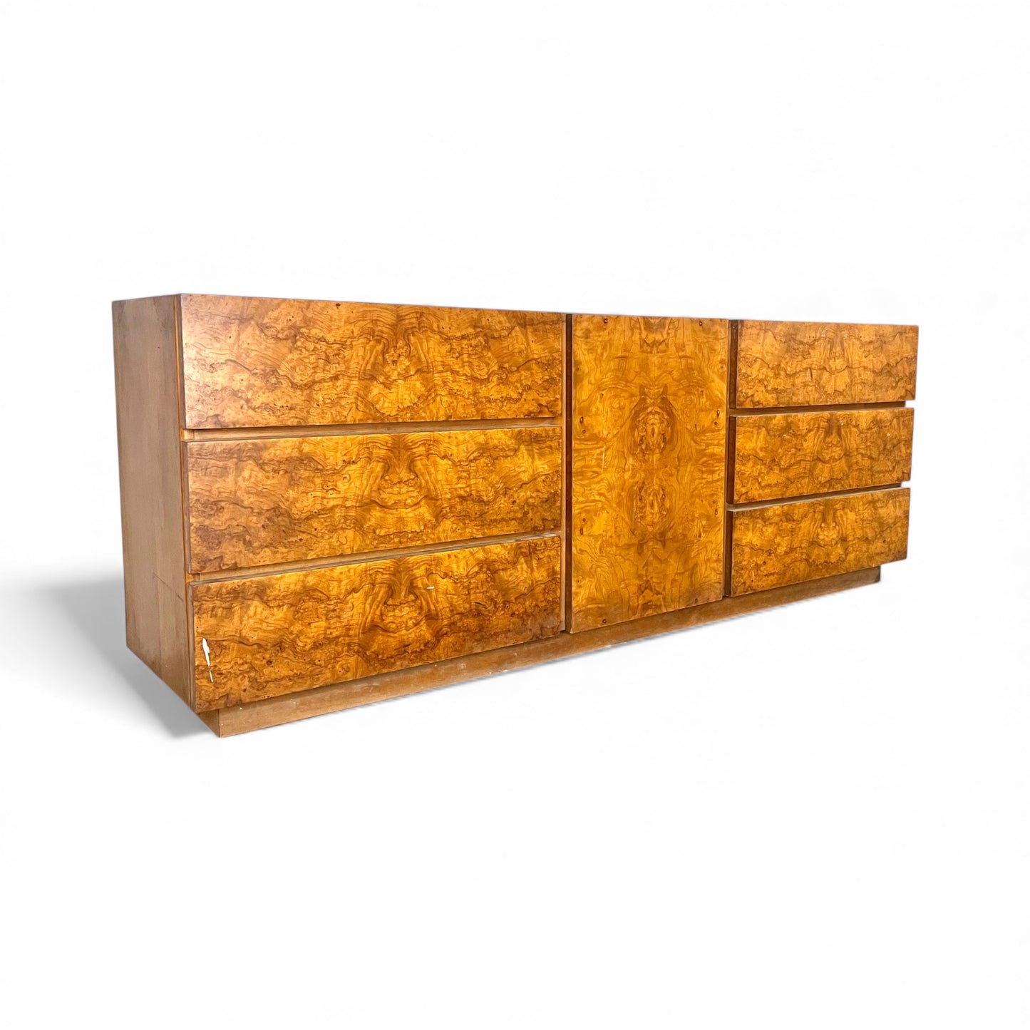 Lane Vintage Brutalist Mid Century Modern Burl 9 Drawer Lowboy Dresser c. 1970s