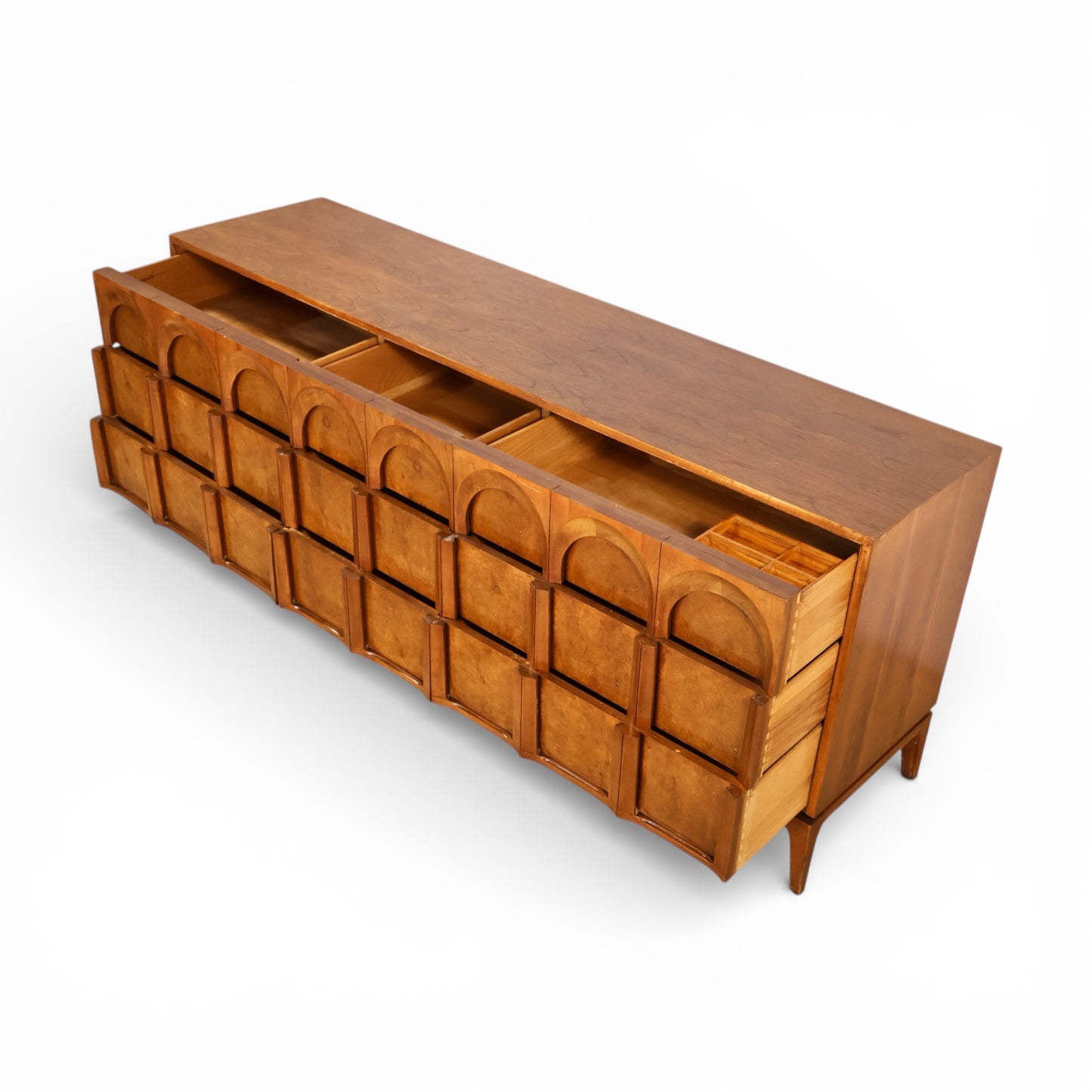 Thomasville Vintage Burlwood Mid Century Modern Sculptural 9 Drawer Lowboy Dresser c. 1960s