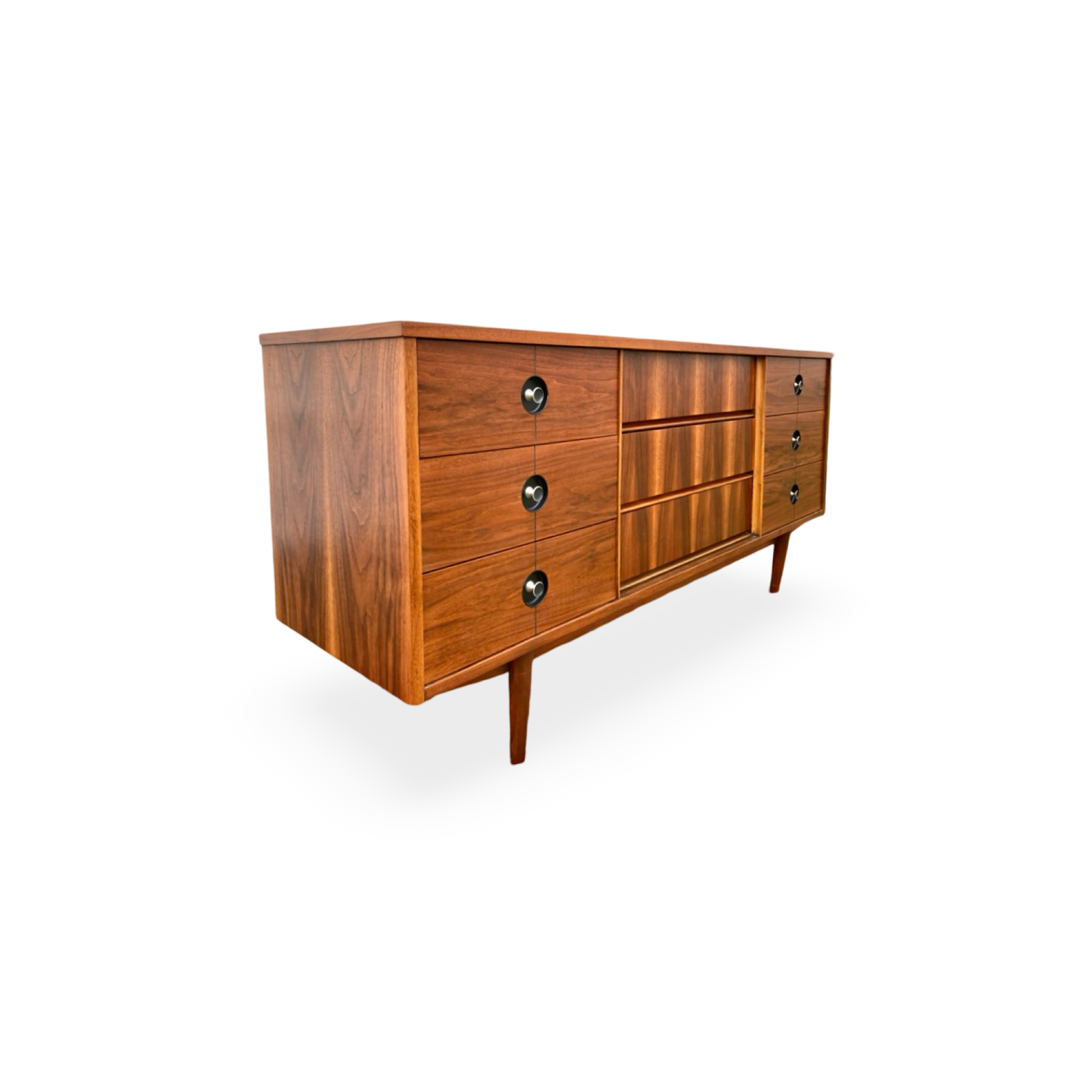 Stanley Vintage Mid Century Modern 9 Drawer Lowboy Walnut Dresser c. 1960s