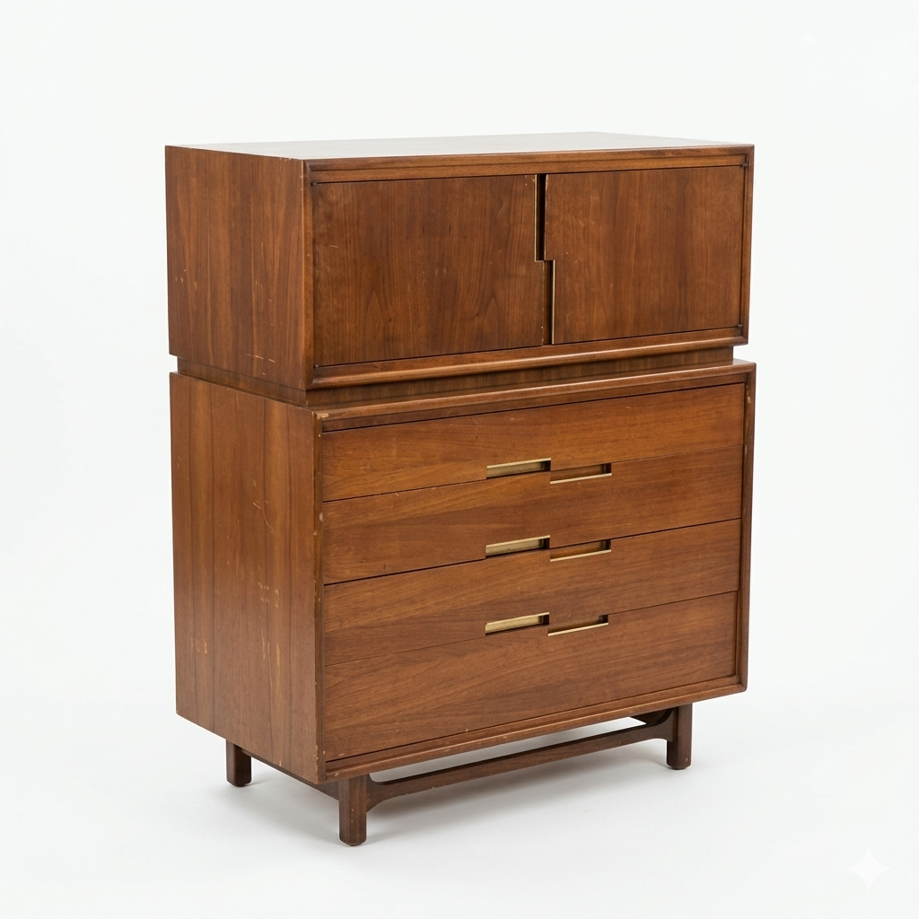 Cavalier Furniture Vintage Mid Century Modern Highboy Brass and Walnut Dresser c. 1960s