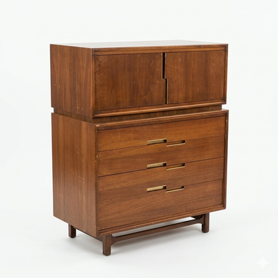 Cavalier Furniture Vintage Mid Century Modern Highboy Brass and Wal... — walnut construction, front view