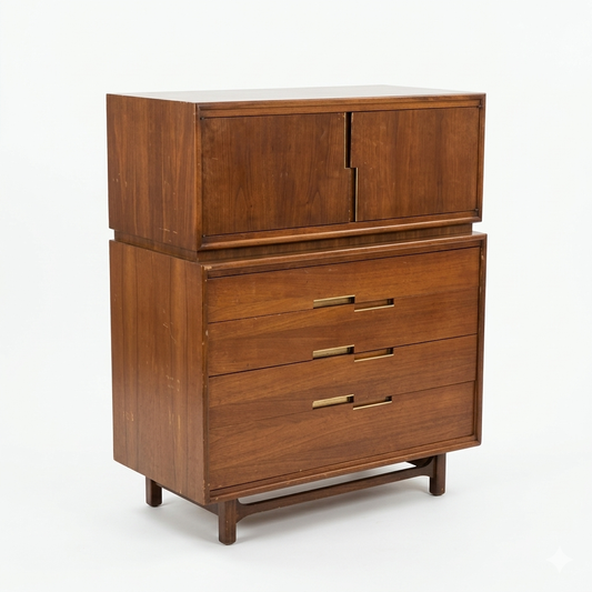 Cavalier Furniture Vintage Mid Century Modern Highboy Brass and Walnut Dresser c. 1960s