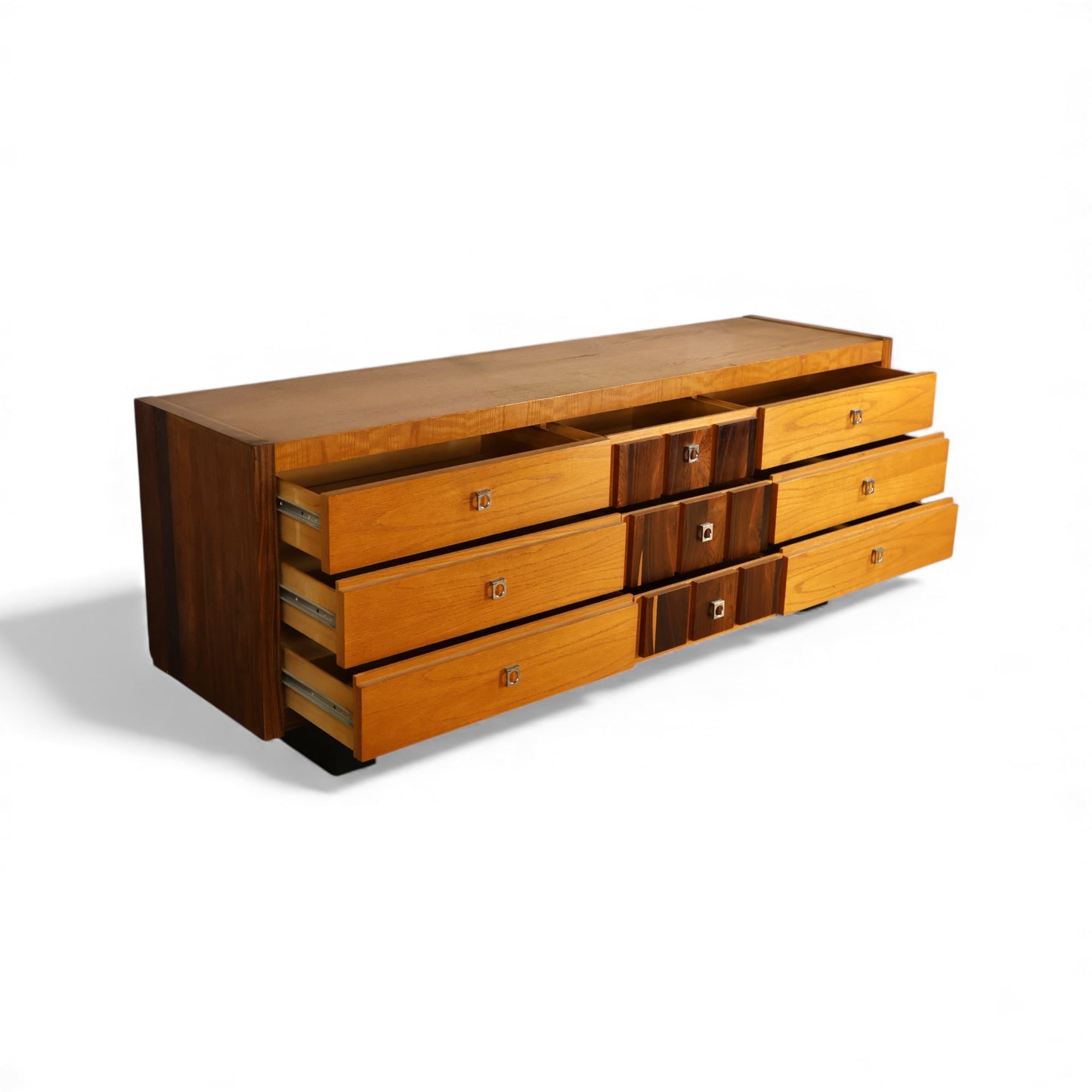 Oak and Rosewood Vintage Brutalist Mid Century Modern 9 Drawer Lowboy Dresser c. 1970s