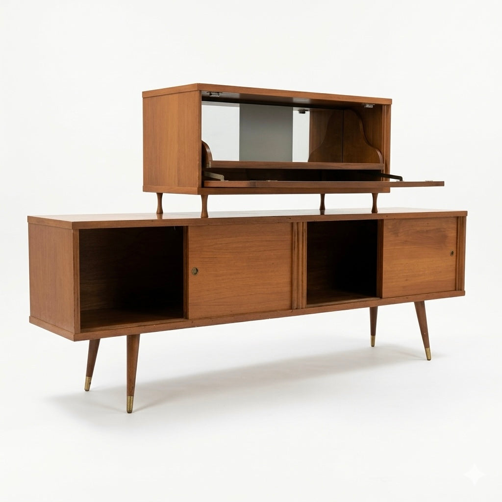 Atomic Style Vintage Mid Century Modern Two Piece Bar Cabinet Sliding Buffet c. 1960s