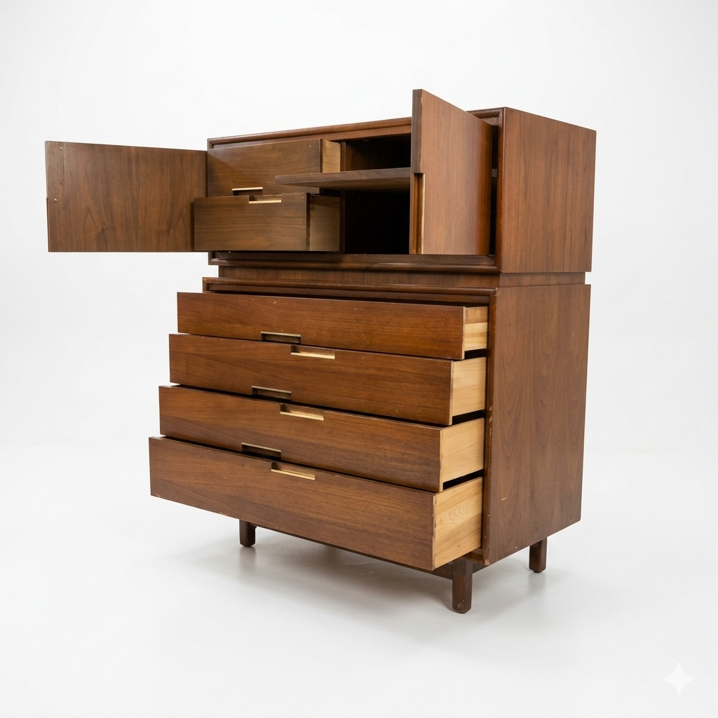 Cavalier Furniture Vintage Mid Century Modern Highboy Brass and Walnut Dresser c. 1960s