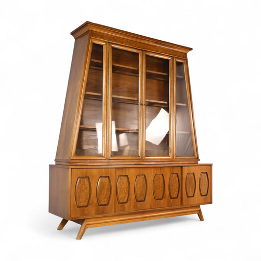 Young Manufacturing Vintage Mid Century Modern Walnut and Burl 2 Piece China Cabinet c. 1960s