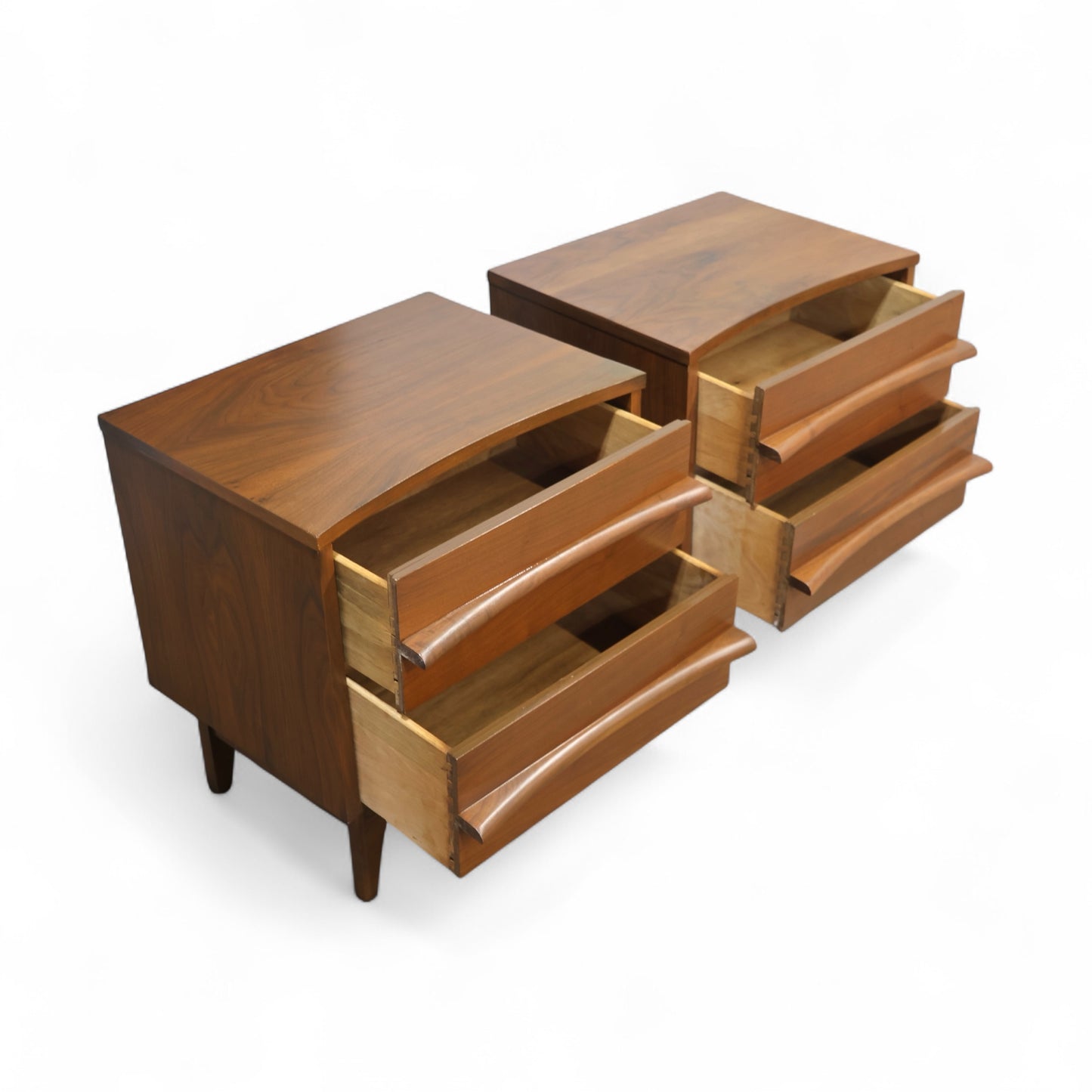 Young Manufacturing Vintage Mid Century Modern Concave Top Pair of Sculpted Nightstands c. 1960s