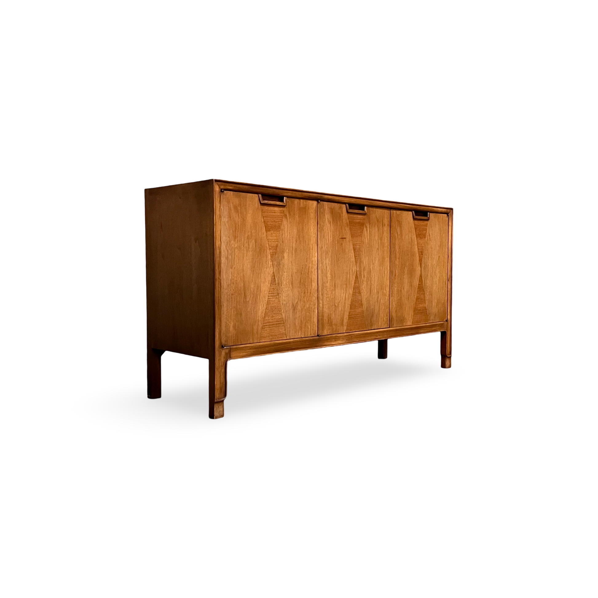 Vintage MCM credenza with walnut finish and parquetry doors