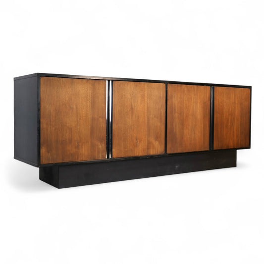 Milo Baughman Style Vintage Mid Century Modern Walnut and Chrome Credenza c. 1970s