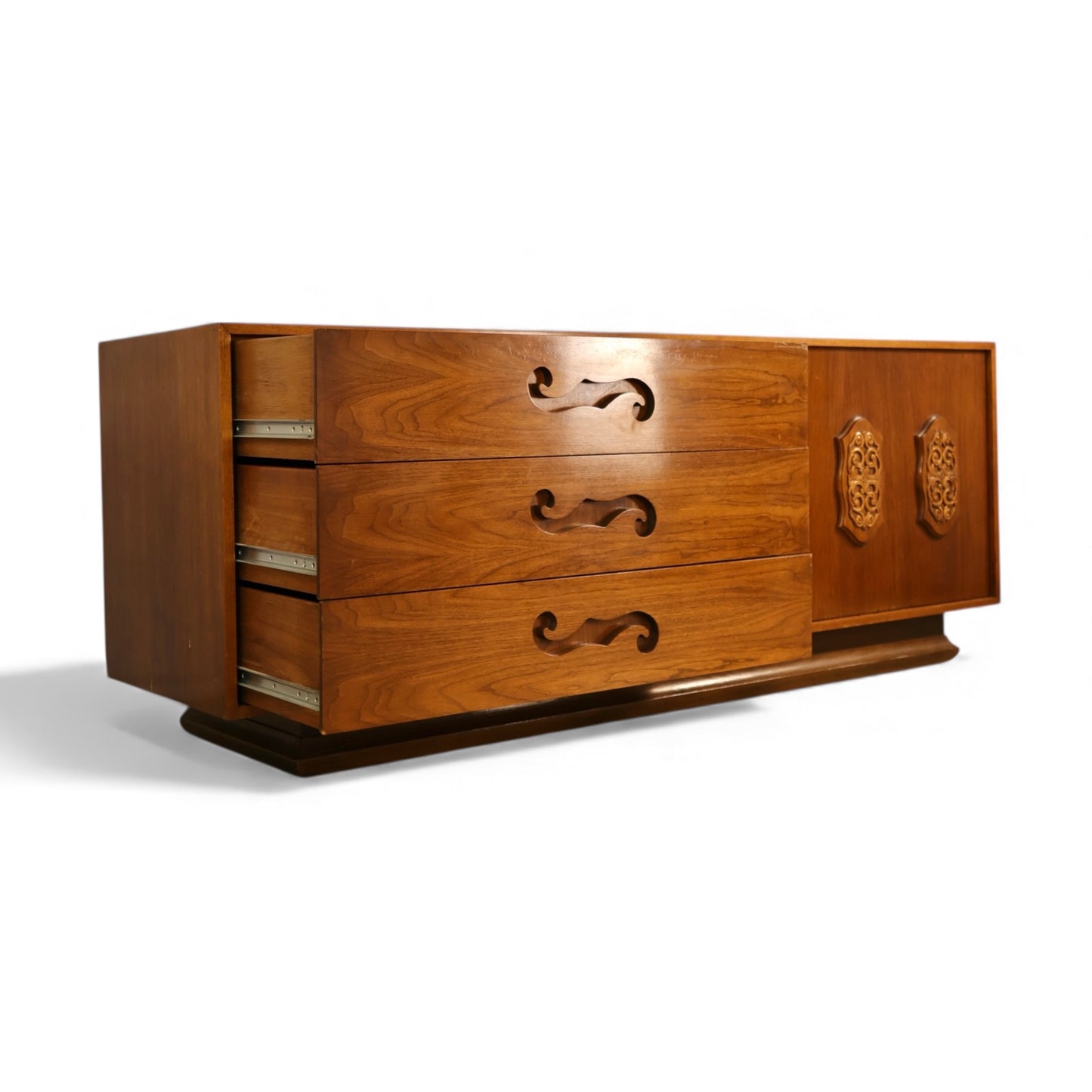 Young Manufacturing Vintage Mid Century Modern Brutalist Spanish Revival Lowboy Drrsser c. 1960s