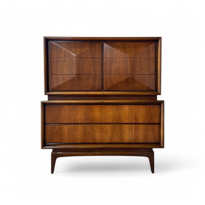United Furniture Diamond Front Mid Century Modern Highboy Dresser c... — walnut construction, front view