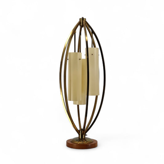 Brass and Walnut Vintage Mid Century Modern Bridcage Table Lamp c. 1960s