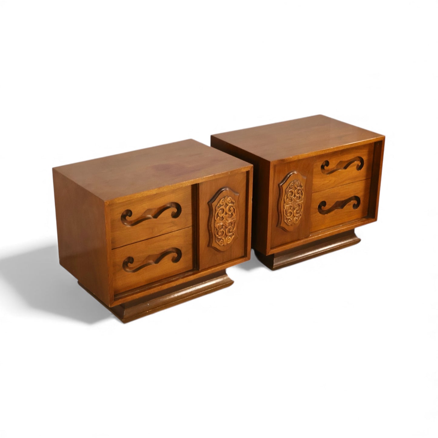 Young Manufacturing Vintage Pair of Mid Century Modern Brutalist Spanish Revival Nightstands c. 1960s