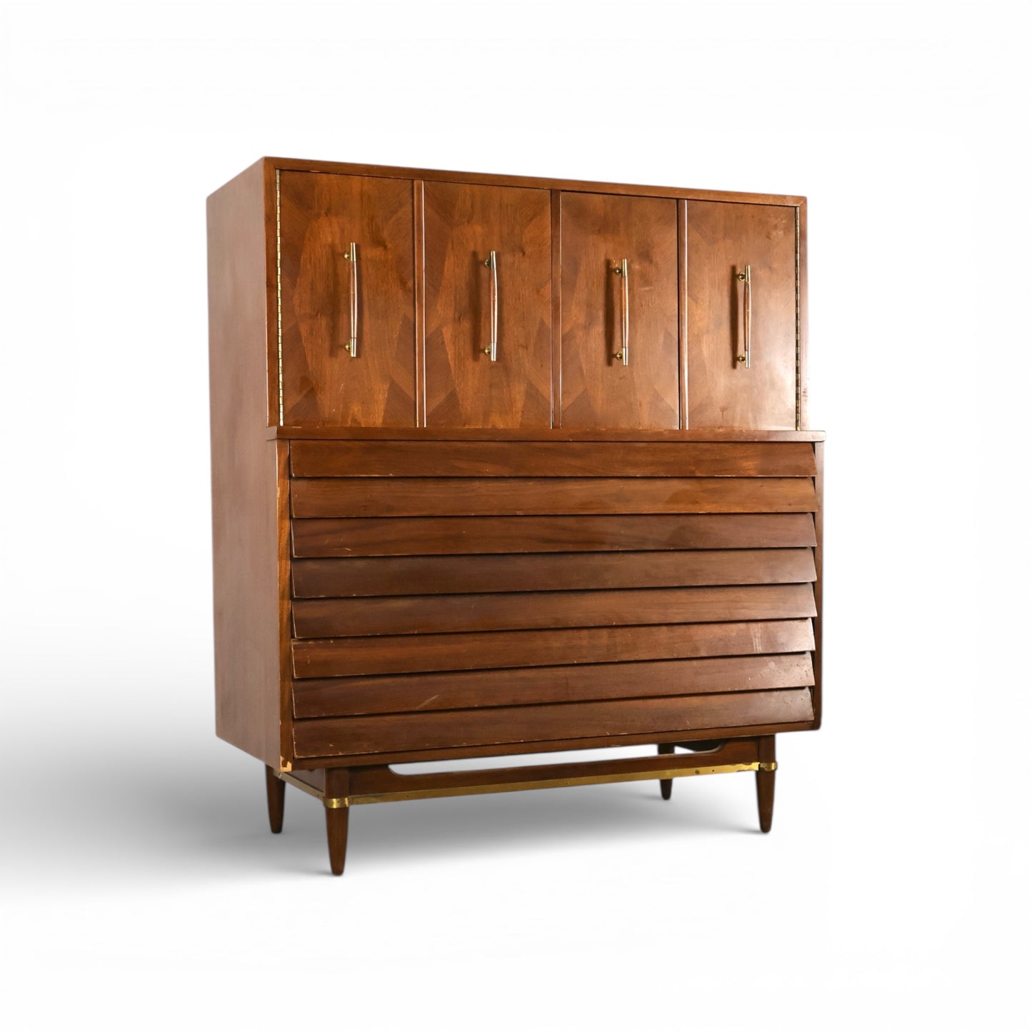 American of Martinsville Dania Collection Vintage Mid Century Modern Highboy Dresser with Doors c. 1960s