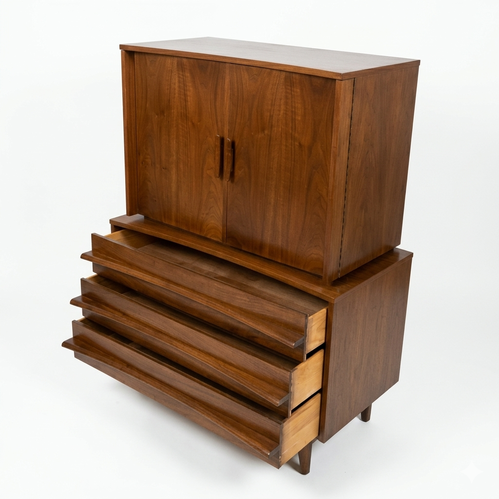 Young Manufacturing Vintage Concave Top Mid Century Modern Highboy Dresser c. 1960s — view 7