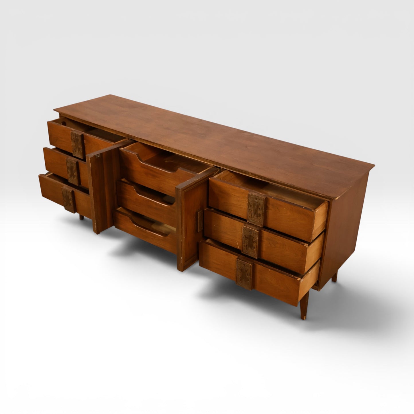Bassett Mayan Vintage 9 Drawer Mid Century Modern Lowboy Dresser c. 1960s