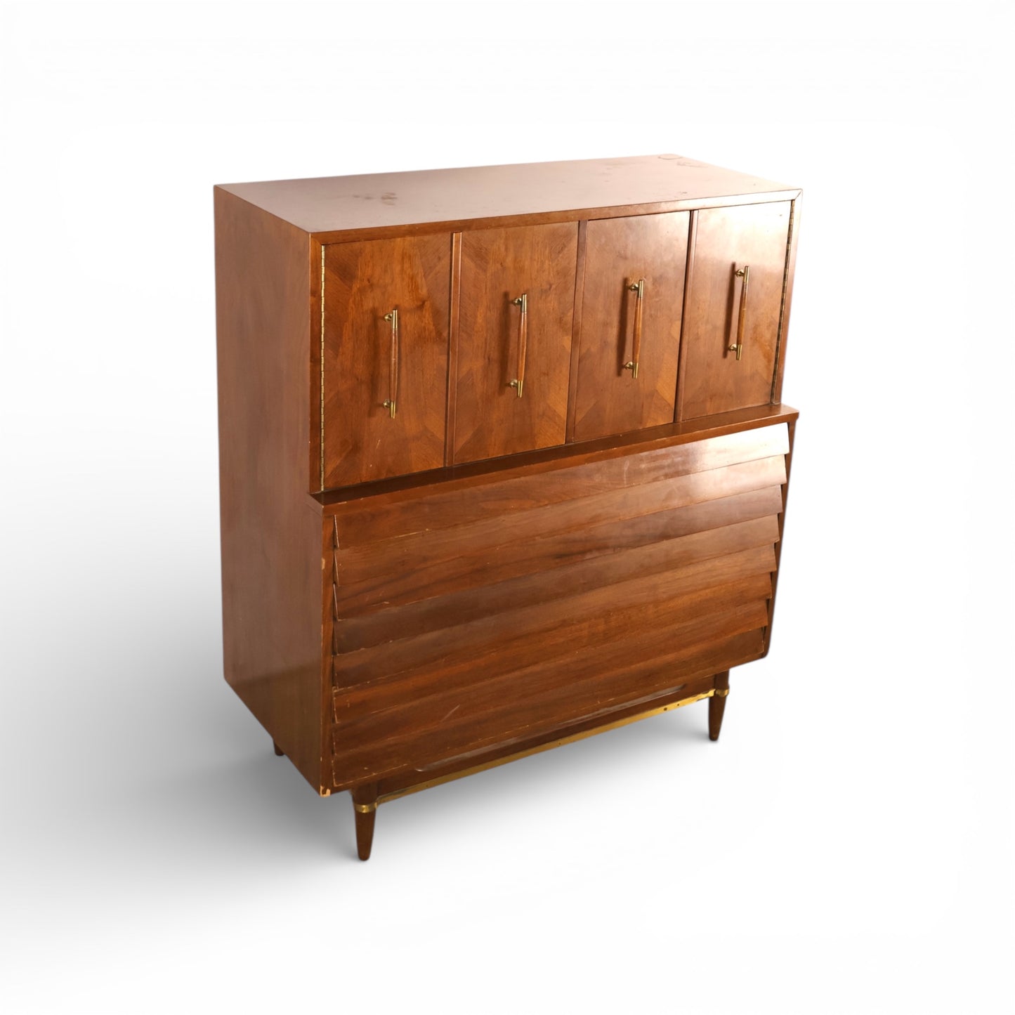 American of Martinsville Dania Collection Vintage Mid Century Modern Highboy Dresser with Doors c. 1960s