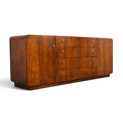 Founders Furniture Vintage Walnut and Chrome Mid Century Modern Lowboy Dresser c. 1970s