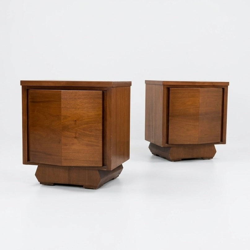 Sculptural atomic style vintage mid century modern pair of nightstands rear angle view showing walnut cabinet sides and sculptural plinth base construction c. 1960s