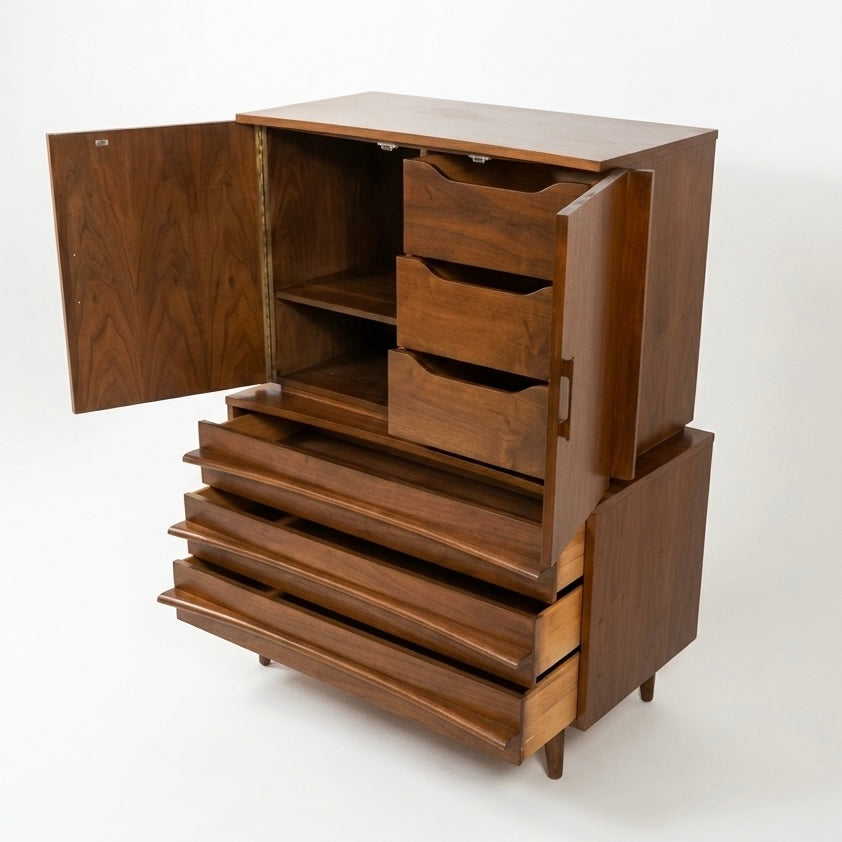 Young Manufacturing Vintage Concave Top Mid Century Modern Highboy Dresser c. 1960s — view 12