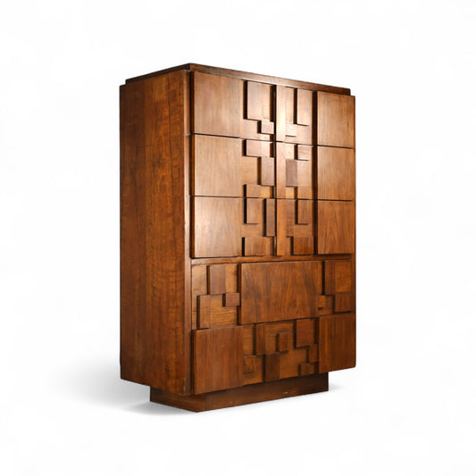 Lane Staccato Vintage Brutalist Mid Century Modern 5 Drawer Highboy Dresser c. 1970s