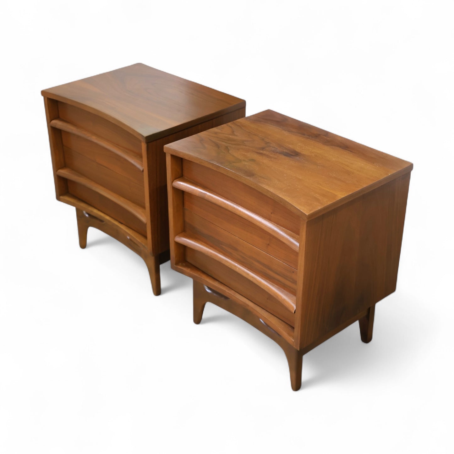 Young Manufacturing Vintage Mid Century Modern Concave Top Pair of Sculpted Nightstands c. 1960s