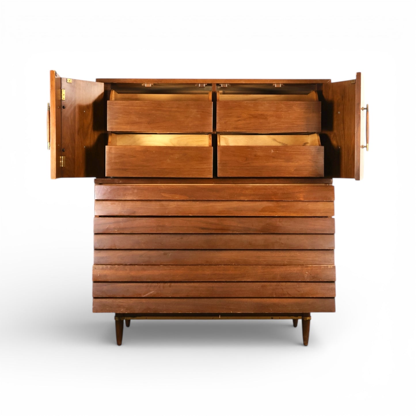 American of Martinsville Dania Collection Vintage Mid Century Modern Highboy Dresser with Doors c. 1960s