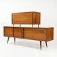 Atomic Style Vintage Mid Century Modern Two Piece Bar Cabinet Sliding Buffet c. 1960s
