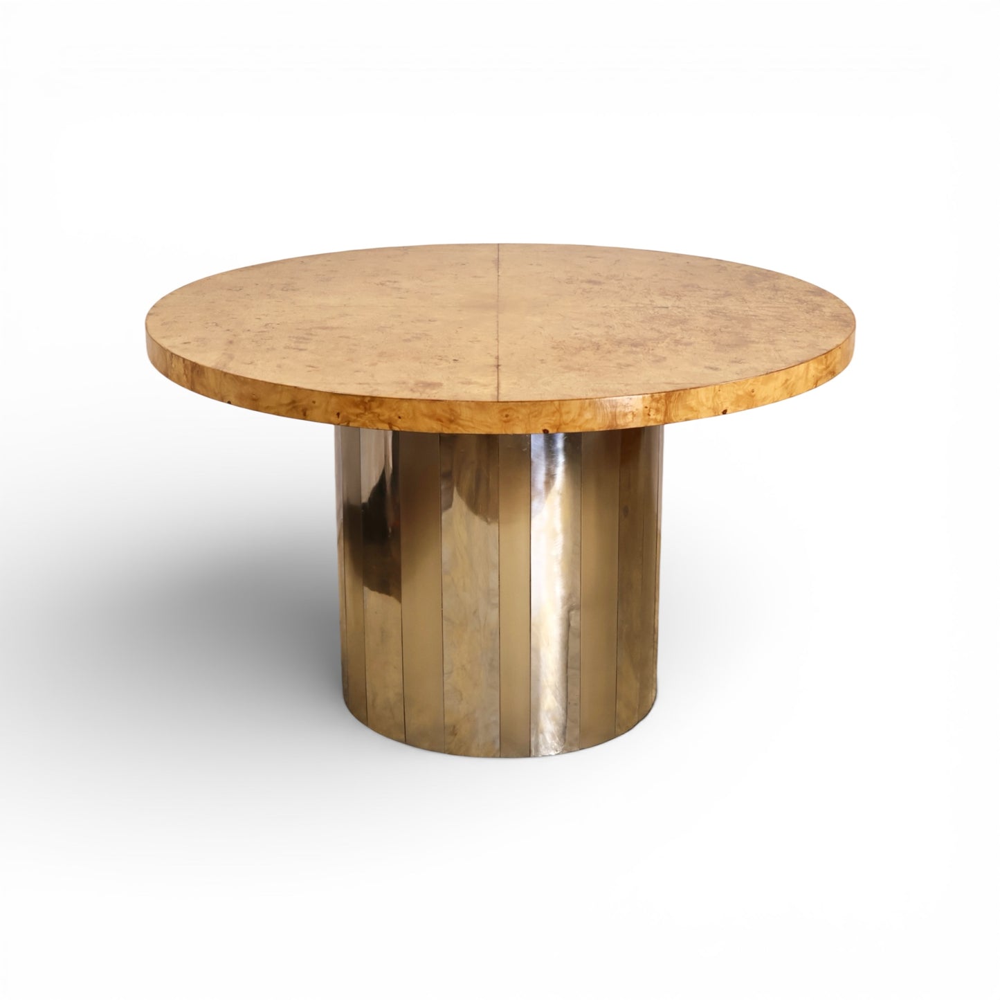 Milo Baughman Style Custom Vintage Mid Century Modern Burl and Chrome Pedestal Dining Table c. 1960s