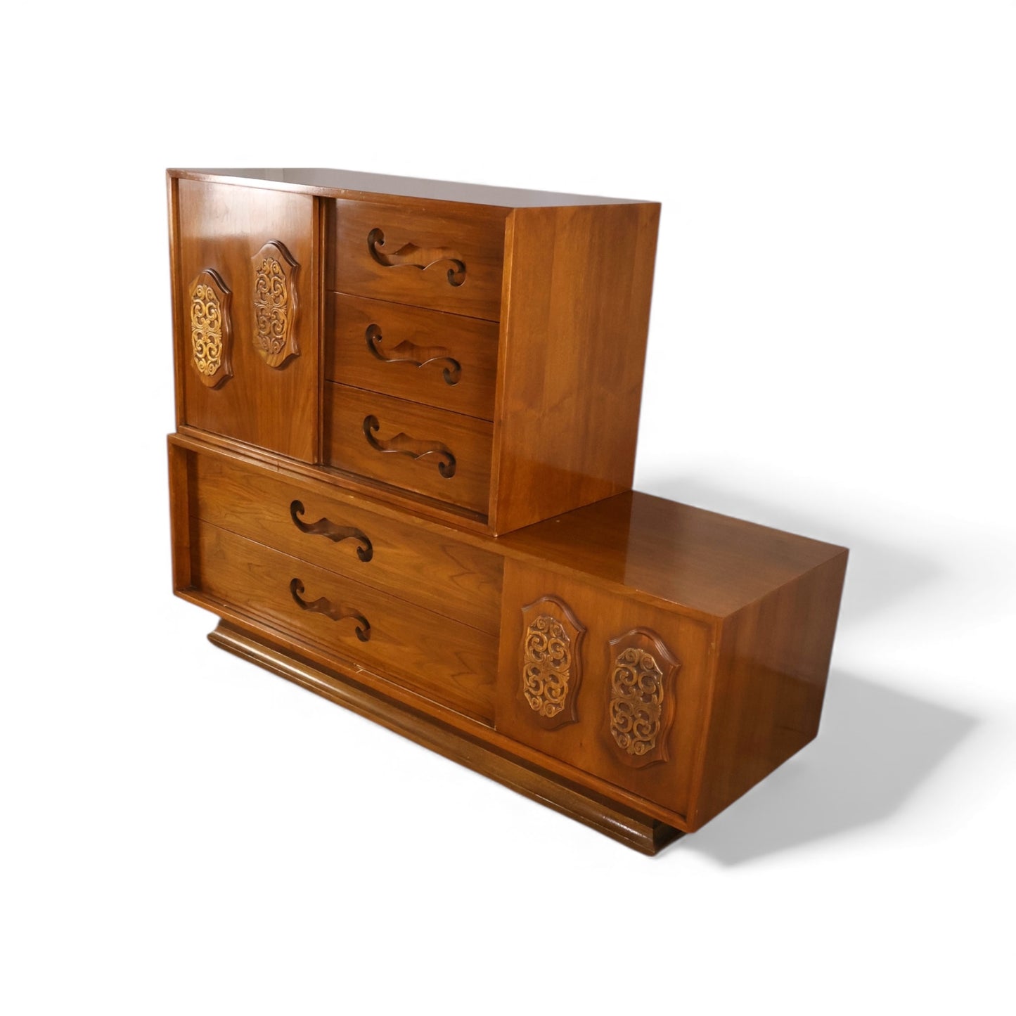 Young Manufacturing Vintage Mid Century Modern Brutalist Spanish Revival 2 Piece Highboy Dresser c. 1960s