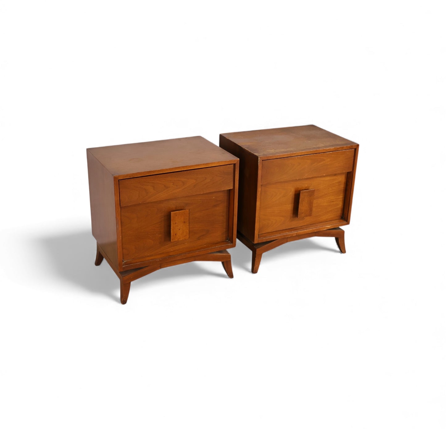 Tomlinson Pair of Vintage Mid Century Modern Burl and Walnut  Nightstands c. 1960s
