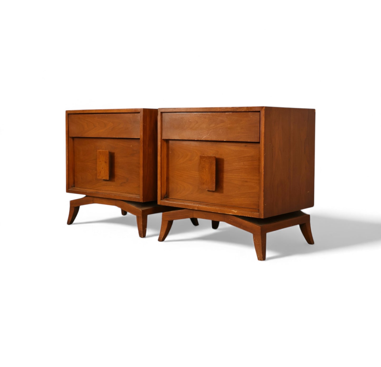 Tomlinson Pair of Vintage Mid Century Modern Burl and Walnut  Nightstands c. 1960s