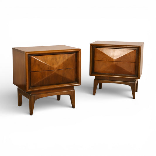 United Furniture Diamond Front Vintage Mid Century Modern Pair of Nightstands c. 1960s
