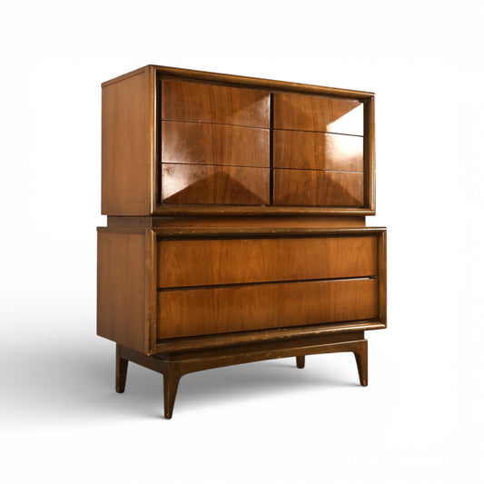 United Furniture Diamond Front Vintage Mid Century Modern Highboy Dresser c. 1960s
