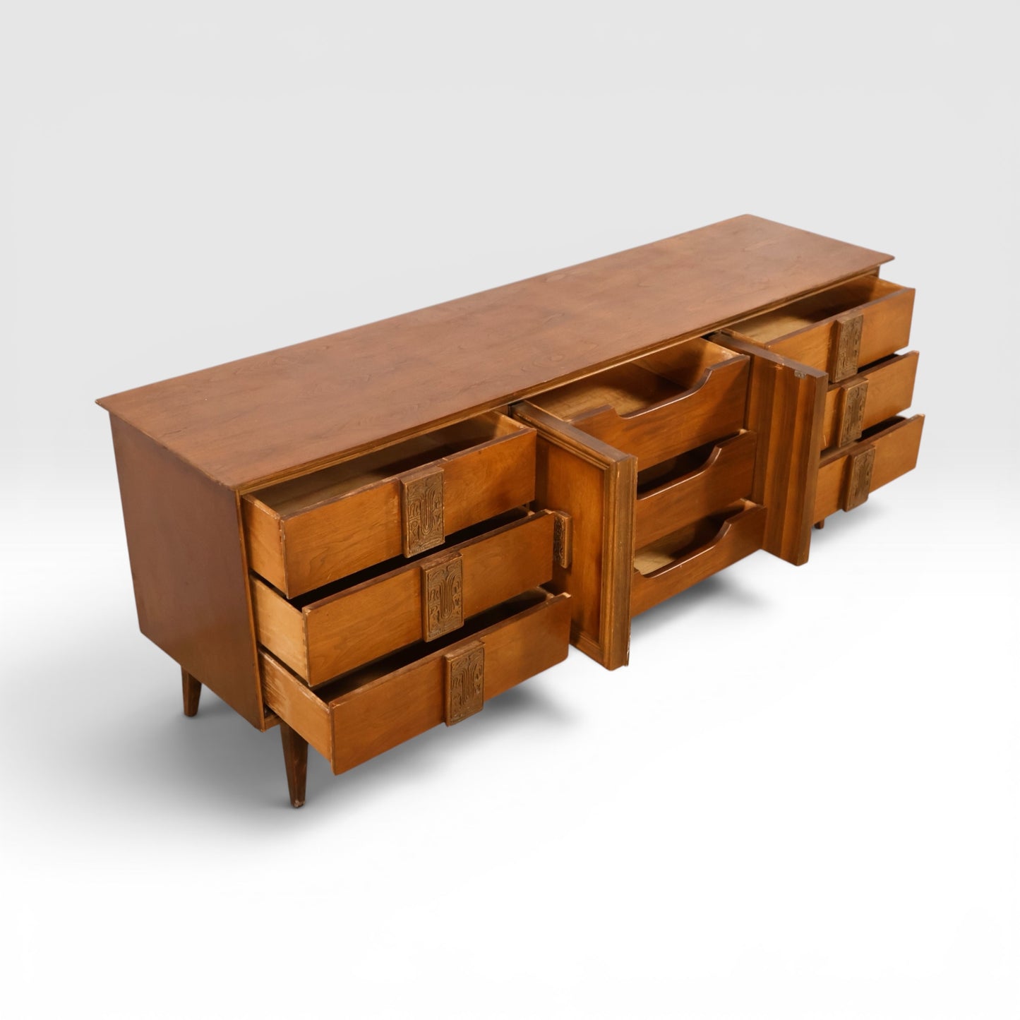 Bassett Mayan Vintage 9 Drawer Mid Century Modern Lowboy Dresser c. 1960s