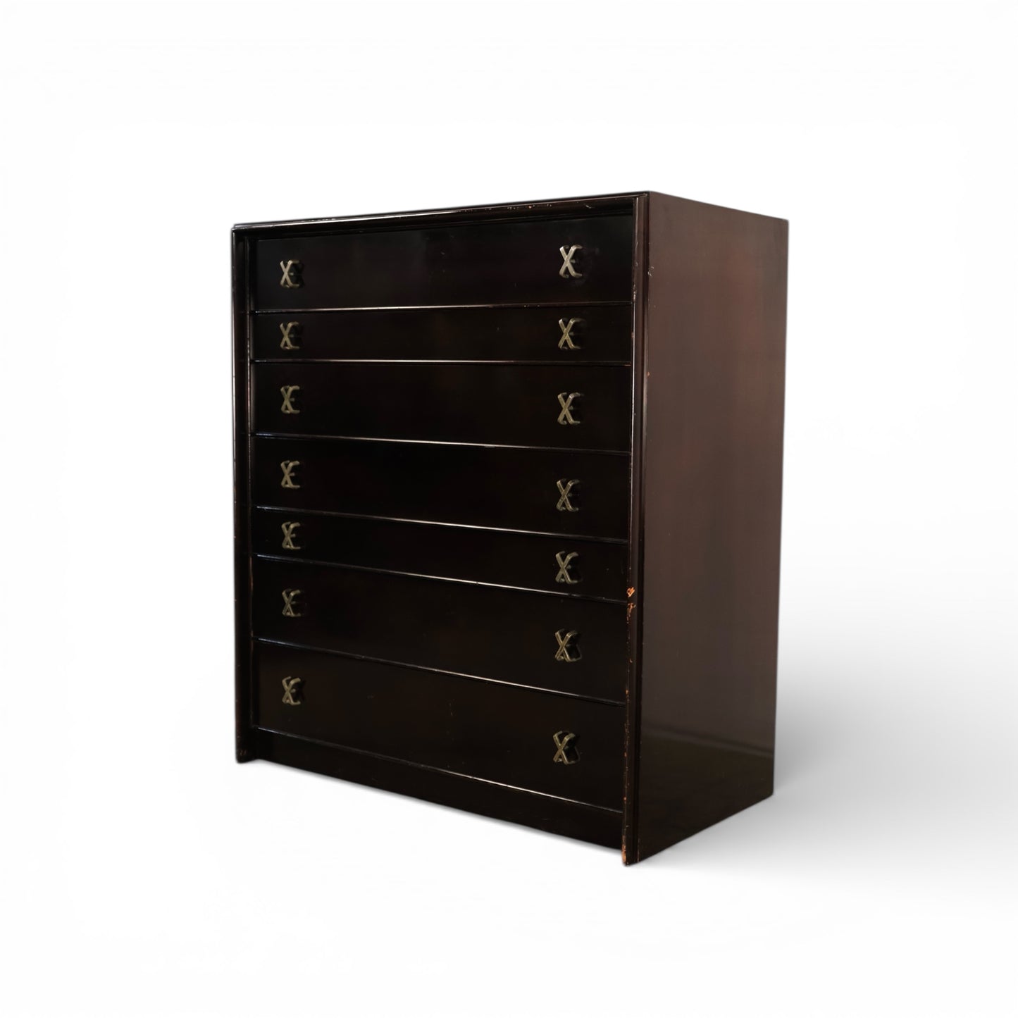 Paul Frankl for Johnson Furniture Black Lacquer Vintage Mid Century Modern Highboy Dresser c. 1960s