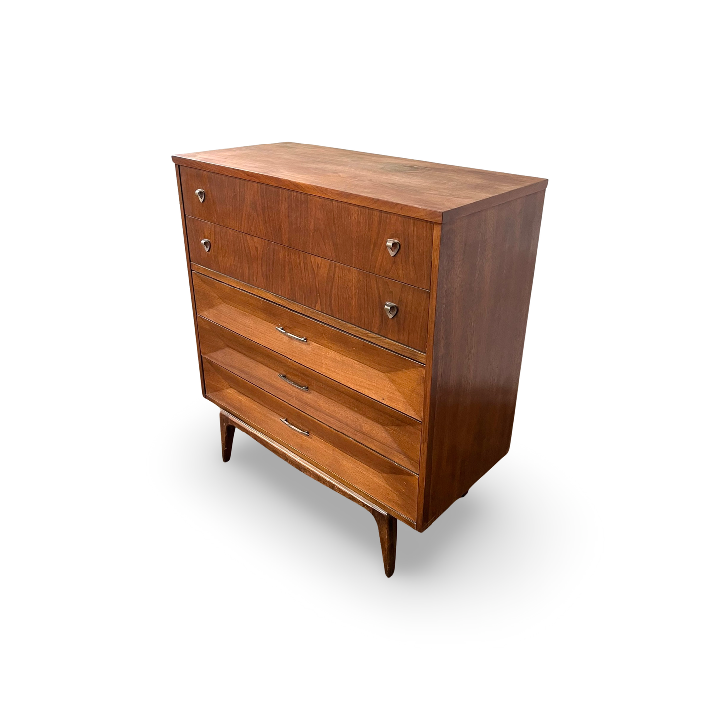 United Furniture Vintage Mid Century Modern Recessed Diamond 5 Drawer Highboy Dresser c. 1960s