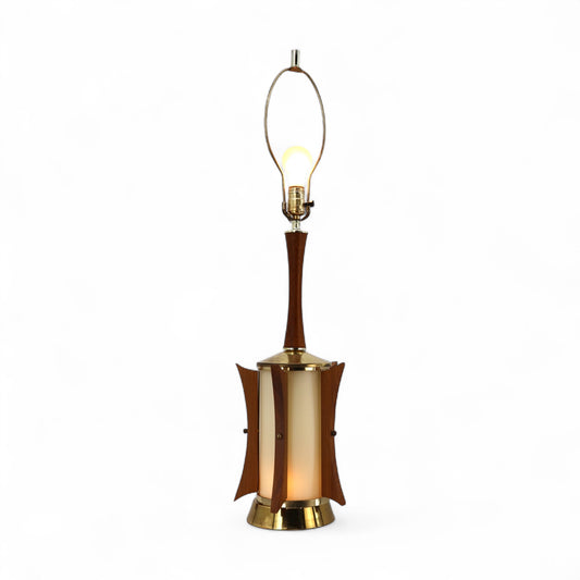 Atomic Style Vintage Mid Century Modern Brass and Walnut Fins Table Lamp c. 1960s
