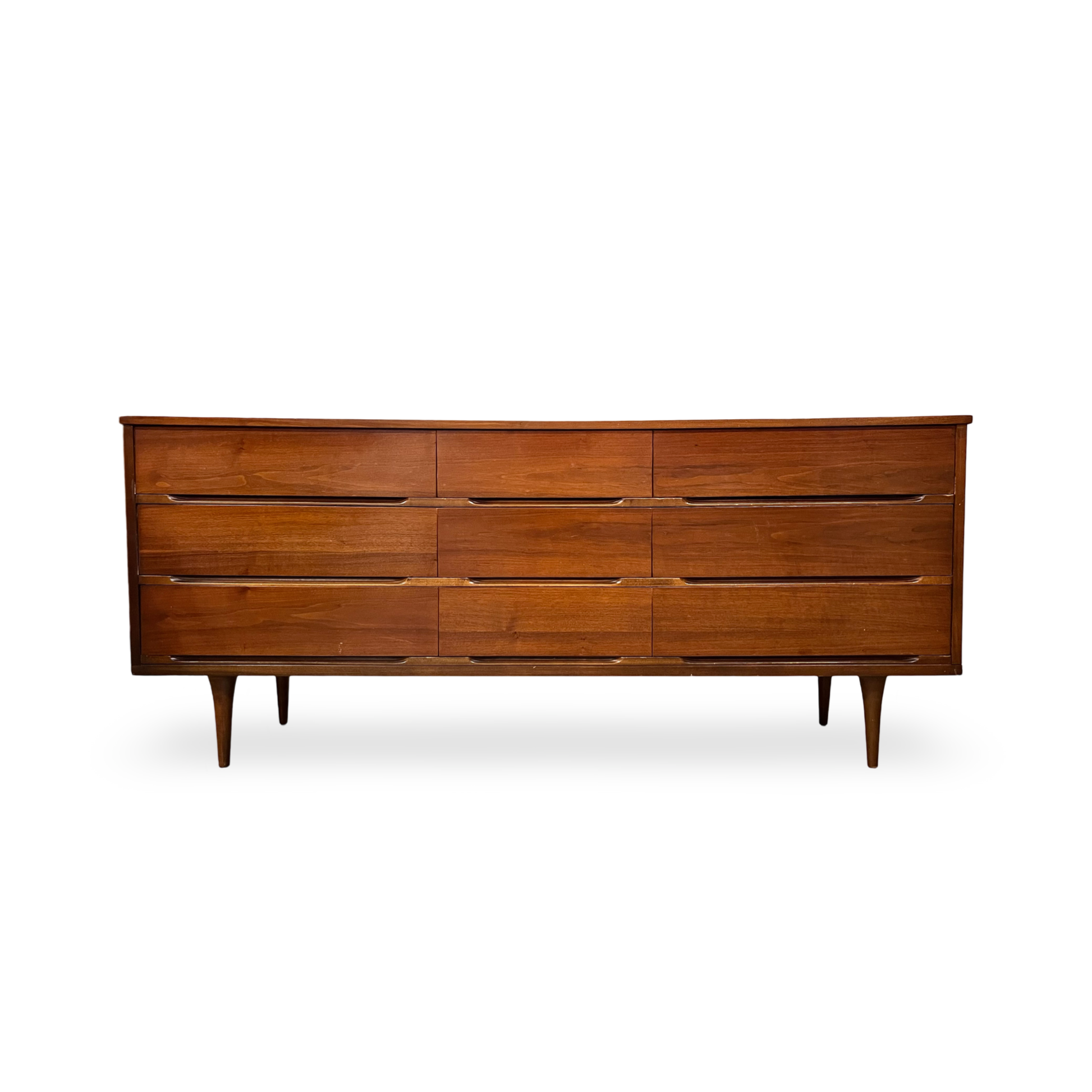 Vintage Mid Century Modern 9 Drawer Lowboy Walnut Dresser c. 1960s Vintage Mid Century Modern 9 Drawer Lowboy Walnut Dresser c. 1960s