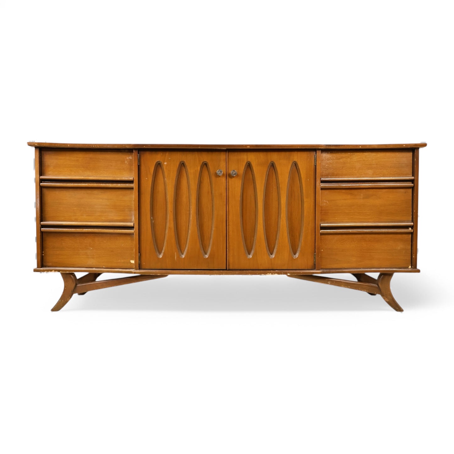 Sculpted Vintage Mid Century Modern 9 Drawer Lowboy Dresser c. 1960s